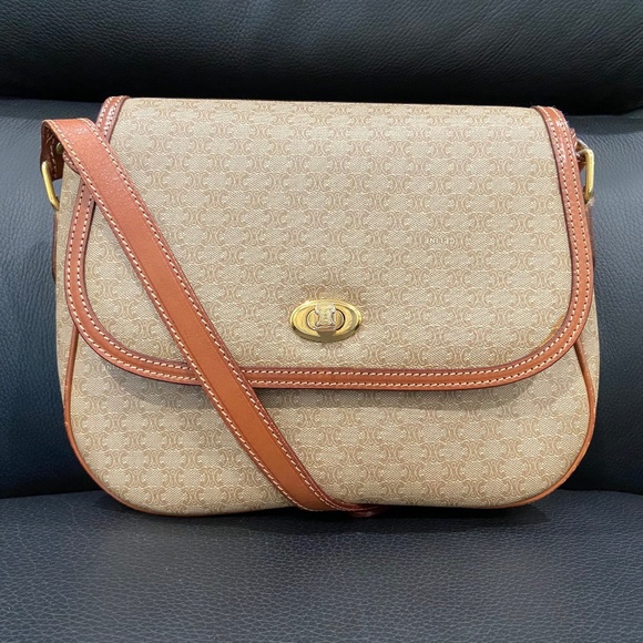 Vintage Celine Macadam Crossbody Shoulder Bag – Beige Canvas w/ Tan Leather Trim - Picture 1 of 16
